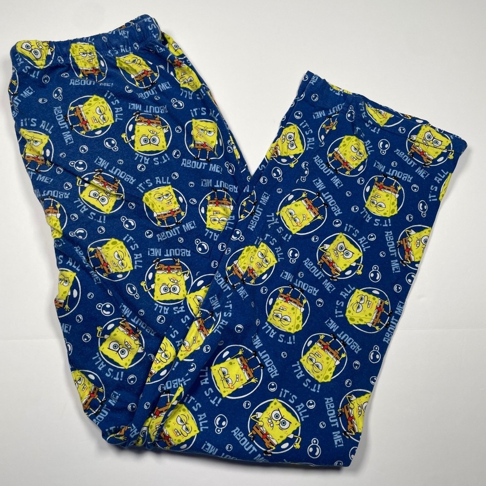 VTG Nickelodeon Spongebob Squarepants Y2K Pajama Pants Blue AOP XL‎ 40-42 Cotton